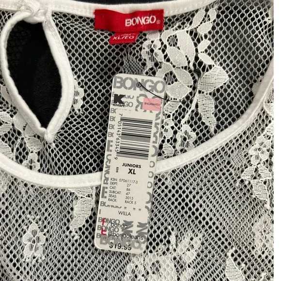 NWT Y2K Bongo Womens White‎ Lace Overlay Sheer Tank Top Juniors XL New - Picture 6 of 6